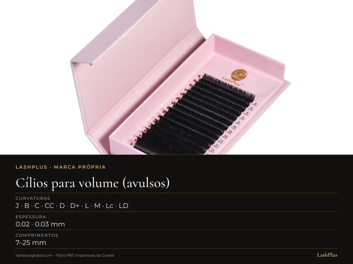 Cartela LashPlus de cílios avulsos para volume russo, base pontiaguda, para leque à mão: J · B · C · CC · D · D+ · L · M · Lc · LD curvatura, 7–25 mm
