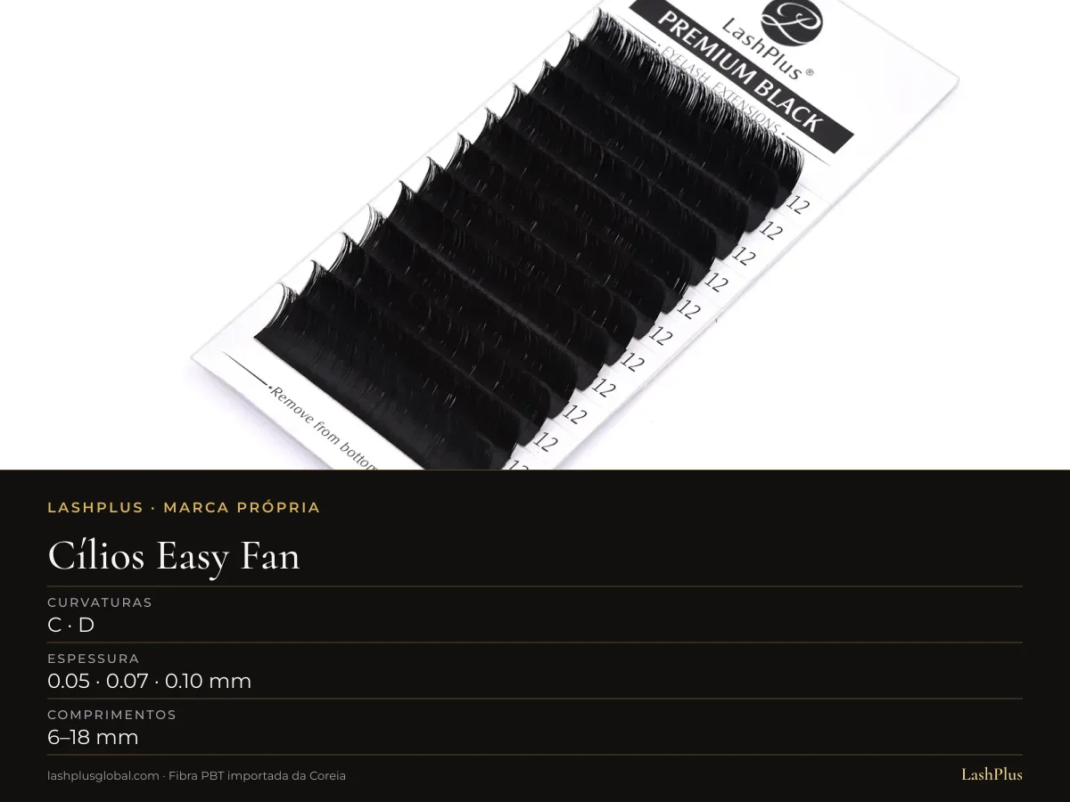 Cartela LashPlus de cílios easy fan rapid blooming: C · D curvatura, 0.05 · 0.07 · 0.10 mm, 6–18 mm
