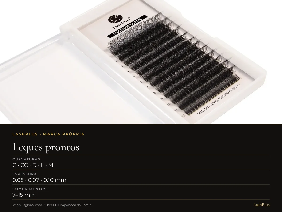 Cartela LashPlus de leques prontos de volume: C · CC · D · L · M curvatura, 0.05 · 0.07 · 0.10 mm, 7–15 mm